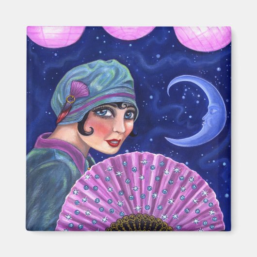 Roaring Twenties Flapper Girl Fan Moon Stars Magnet (Vorne)