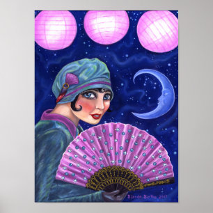 Roaring Twenties Flapper Girl Fan Moon Stars Poster