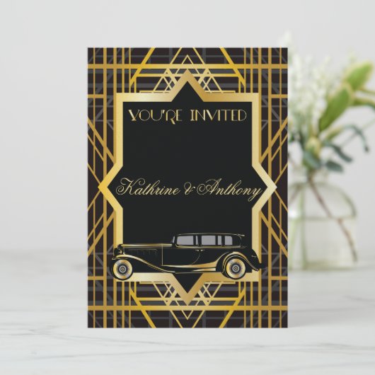 Roaring Twenties Gatsby Style Wedding Einladung (Stehend Vorderseite)