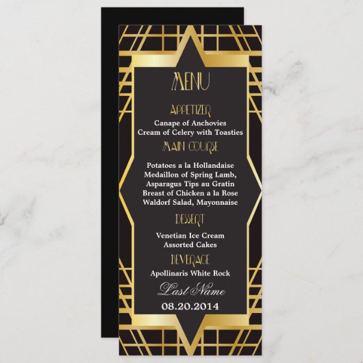Roaring Twenties Gatsby Style Wedding Menu Menükarte (Vorne/Hinten)