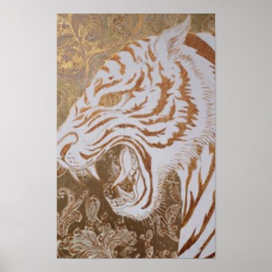 Roaring White Tiger Poster – Ornate Gold Design (Vorne)