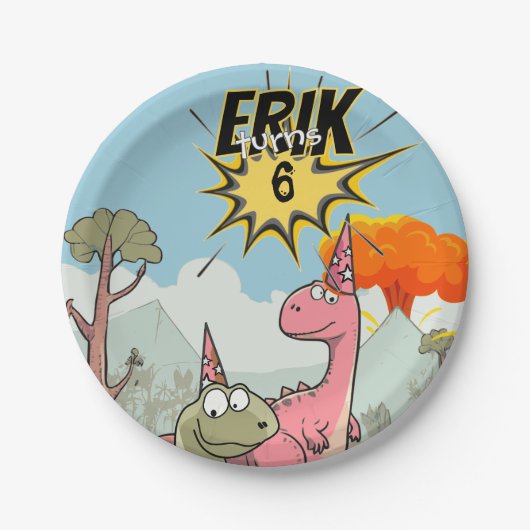 Roarsome Dino Birthday, Niedlicher Cartoon Dino Pappteller (Vorderseite)