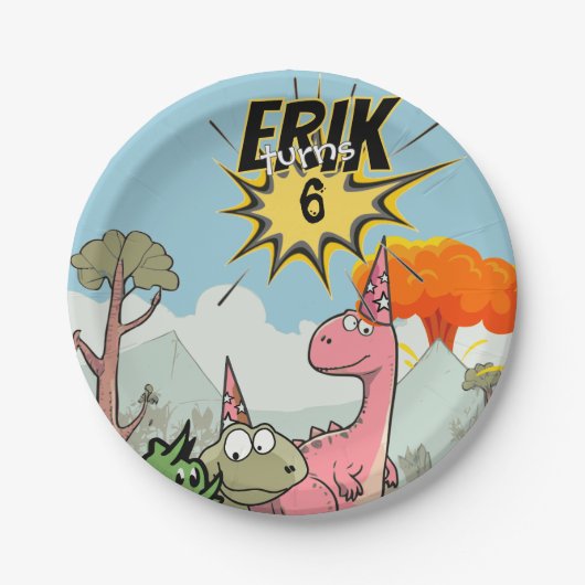 Roarsome Dino Birthday, Niedlicher Cartoon Dino Pappteller (Vorderseite)