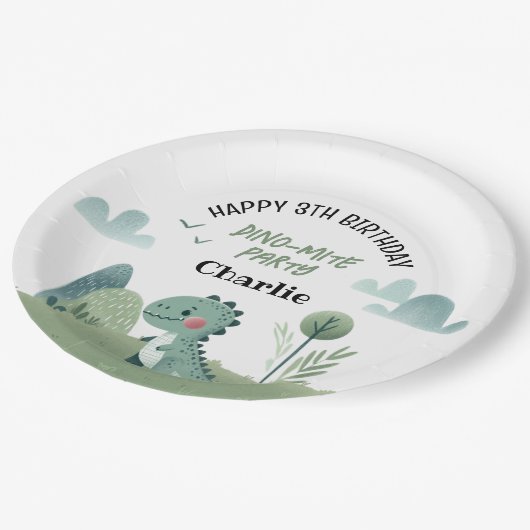Roarsome Dino Birthday  Pappteller (Schrägansicht)