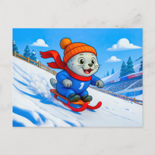 Robbe beim Schlittenfahren auf einem schneebedeckt Postkarte