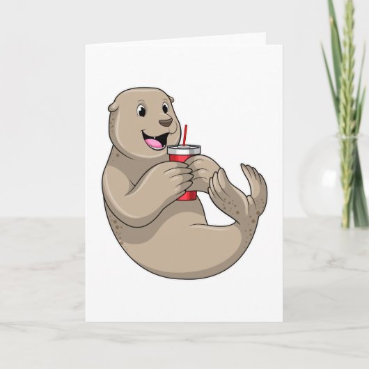 Robbe mit Tasse mit Strohhalm Karte (Vorderseite)