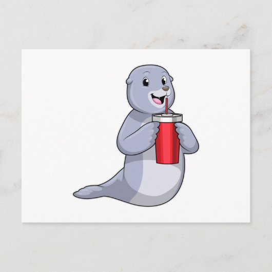 Robbe mit Trinkbecher Postkarte (Vorderseite)
