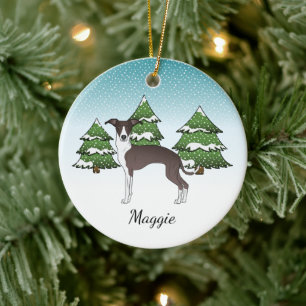Robbe und weißer italienischer Windhund im Winterw Keramik Ornament