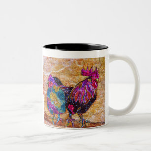 Robby the Rooster und Esmeralda Kaffeetassen. Zweifarbige Tasse