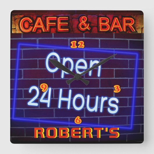 ROBERT - Neon Sign Bar Mancave Den Clock Fun Quadratische Wanduhr (Vorderseite)