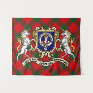 Robertson-Clan-Abzeichen & Einhörner mit Tartan Wandteppich