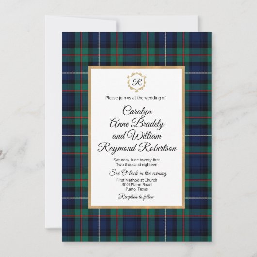 Robertson Karierte Mit Monogramm Hochzeitseinladun Einladung (Vorderseite)