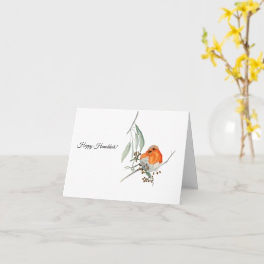 Robin auf der Eucalyptus-Zweigstelle - geflochtene Karte (Gelbe Blume)