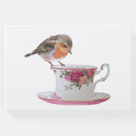 Robin auf einem Gästebuch für eine Teetasse