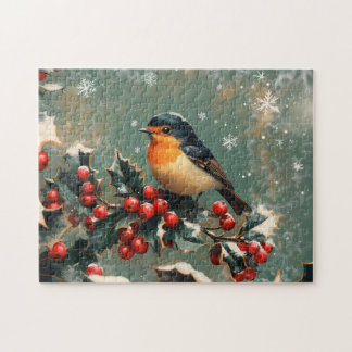 Robin auf Holly Branch in Snow Puzzle