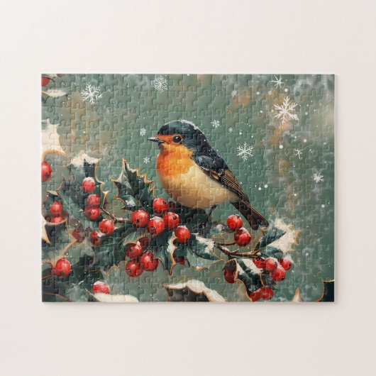 Robin auf Holly Branch in Snow Puzzle (Horizontal)