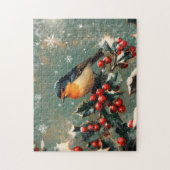 Robin auf Holly Branch in Snow Puzzle (Vertikal)