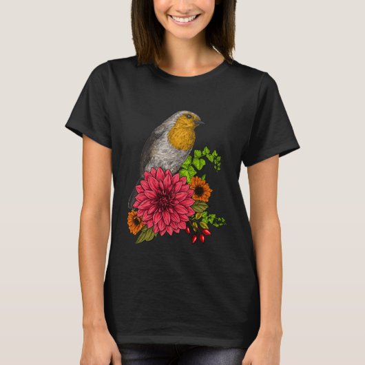Robin auf Strauß von Blume T-Shirt (Vorderseite)