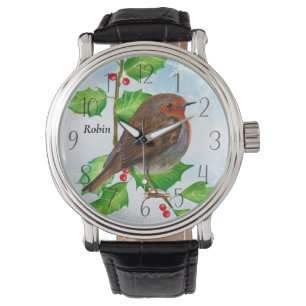 Robin Bird auf Holly Watercolor Malerei Armbanduhr