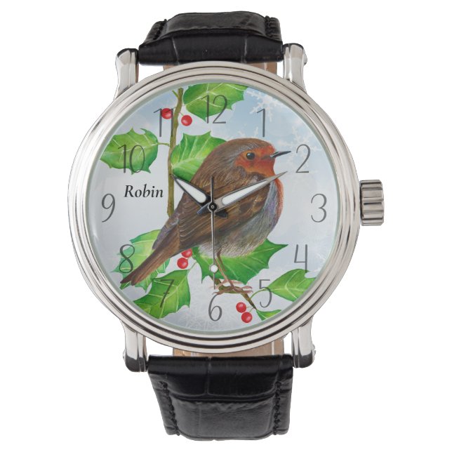Robin Bird auf Holly Watercolor Malerei Armbanduhr (Vorderseite)