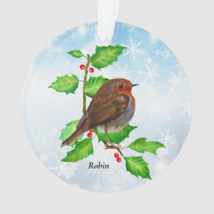 Robin Bird auf Holly Watercolor Malerei Ornament