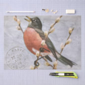 Robin Bird Branch French Postmark Blue Decoupage Seidenpapier (Handwerk)