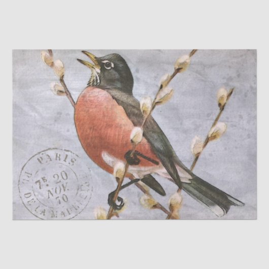 Robin Bird Branch French Postmark Blue Decoupage Seidenpapier (Vorderseite)