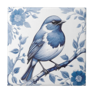 Robin Bird Delft Blue und White Floral Fliese