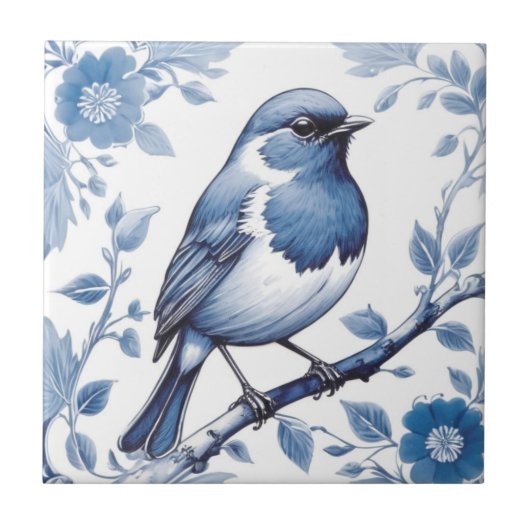 Robin Bird Delft Blue und White Floral Fliese (Vorderseite)
