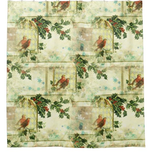 Robin Bird Holly Pattern Weihnachten Neues Jahr Bl Duschvorhang (Vorderseite)