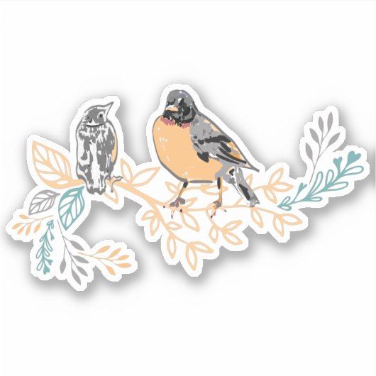 Robin Bird Mama und Baby Summer Brood mit Blume Aufkleber (Vorderseite)