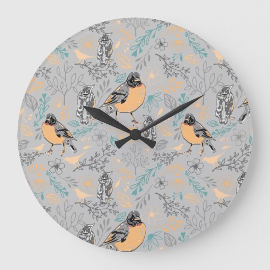 Robin Bird Mama und Baby Summer Brood mit Blume Große Wanduhr (Vorderseite)