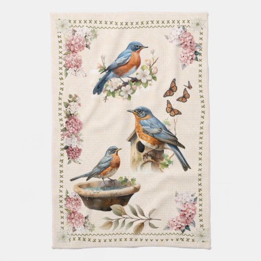 Robin Bird Peach Damask Geschirrtuch (Vertikal)