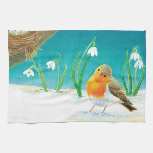 Robin Bird, Schnee & Schneefallen Illustration Geschirrtuch (Horizontal)
