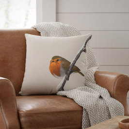 Robin Bird Winter Branch Natural Throw Kissen