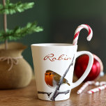 Robin Bird Winter Branch Personalized Latte Mug Milchtasse<br><div class="desc">The robins have bobbed on this latte mug and would like to come home with you. Suitable for all festive brews. Makes an ideal Christmas Gift. Just add your name</div>