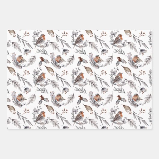 Robin Bird Winter Forest Grüne Weihnachten Geschenkpapier Set (Vorderseite)