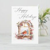 Robin Bird Winter Window Business Weihnachtskarte (Stehend Vorderseite)