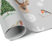 Robin Bird Woodland Stag Deer Winter Aquarell Geschenkpapier (Rolleneckpunkt)