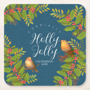 Robin Birds Holly Berry Dark Aquamarin Rechteckiger Pappuntersetzer