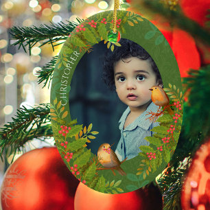 Robin Birds Holly Berry Foto Green Keramik Ornament