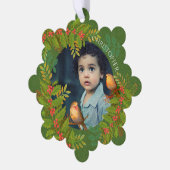 Robin Birds Holly Berry Foto Green Ornament Karte (Linke Ecke)
