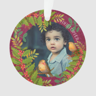 Robin Birds Holly Berry Foto Wine Ornament