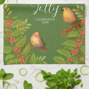 Robin Birds Holly Berry Green Geschirrtuch