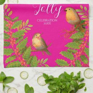 Robin Birds Holly Berry Hot Pink Geschirrtuch