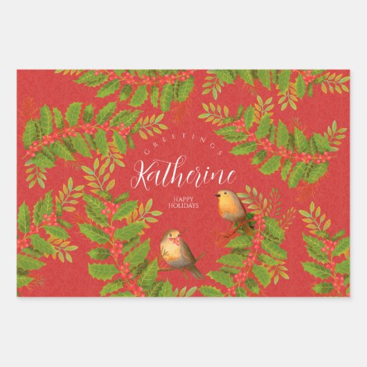 Robin Birds Holly Berry Red Geschenkpapier Set (Vorderseite 2)