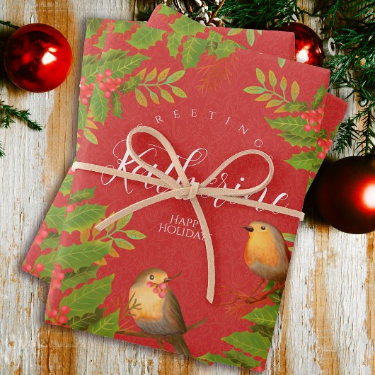 Robin Birds Holly Berry Red Geschenkpapier Set