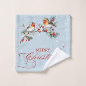 Robin Birds Tree Branchs Merry Christmas Blue Badhandtuch Set (Waschlappen)