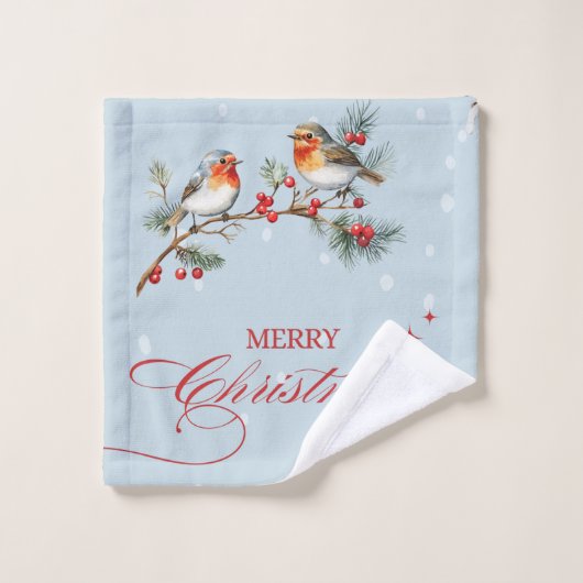 Robin Birds Tree Branchs Merry Christmas Blue Badhandtuch Set (Waschlappen)