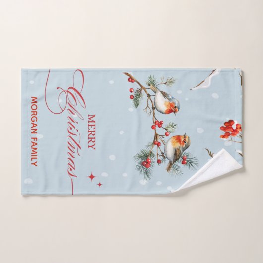 Robin Birds Tree Branchs Merry Christmas Blue Badhandtuch Set (Handtuch)